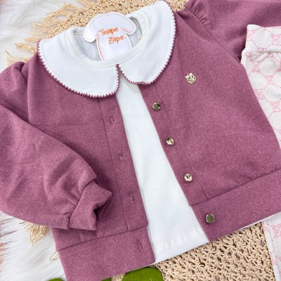 Conj. Casaco Soft, Blusa com Gola Bordada e Calça Legging Ursinhos - Uva e Areia